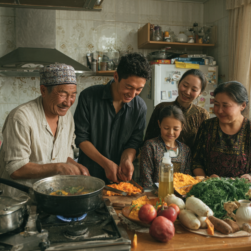 Smiling middle-aged Kazakh woman holding fresh vegetables and fruits, representing healthy nutrition and wellness
