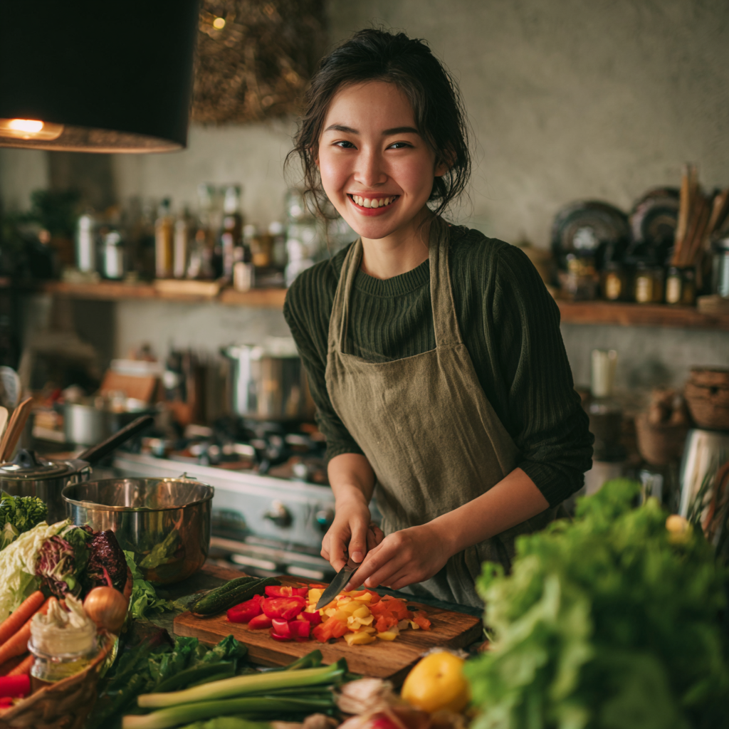 Cheerful elderly Kazakh man preparing a protein-rich meal in a modern kitchen, showcasing healthy cooking habits